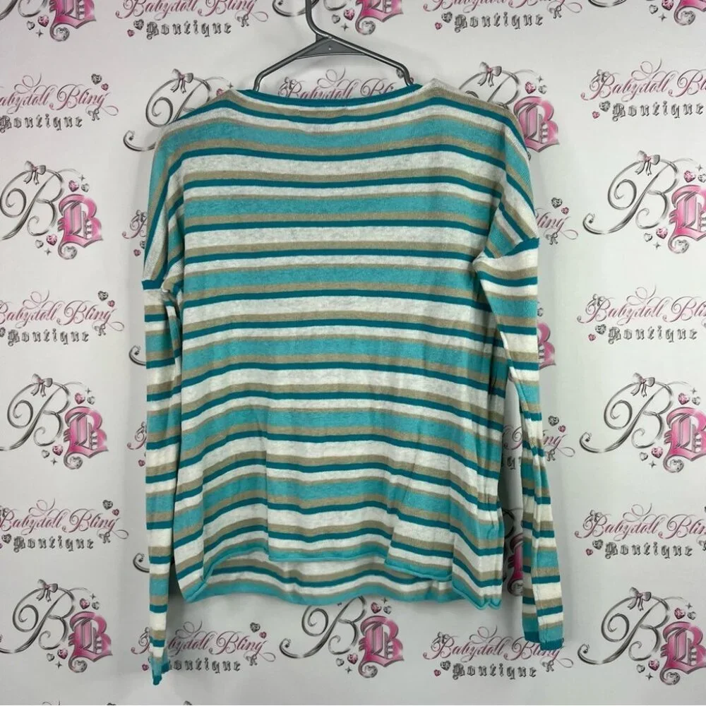 Tommy Bahama shirt long sleeves stripes Teal and Beige Striped Top